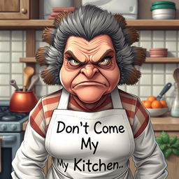 A hyper-realistic illustration of a very grumpy woman with features resembling that of a turkey, including a wattle and plumage-like hair