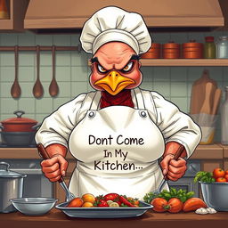A hyper-realistic illustration of a very grumpy female chef who resembles a turkey