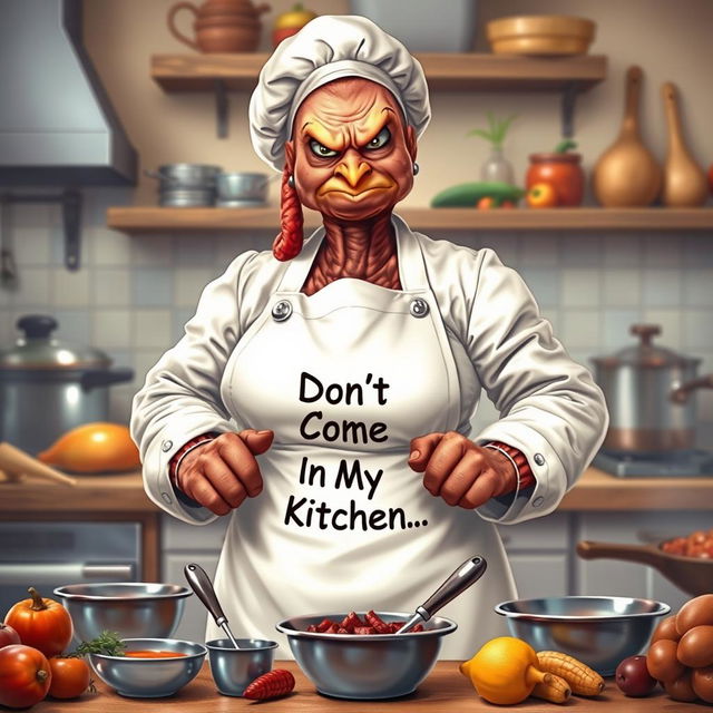 A hyper-realistic illustration of a very grumpy female chef who resembles a turkey