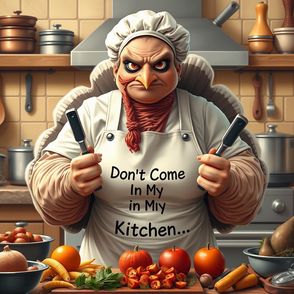 A hyper-realistic illustration of a very grumpy female chef who resembles a turkey