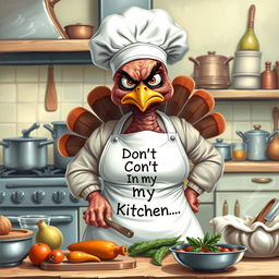 A hyper-realistic illustration of a very grumpy female chef who resembles a turkey