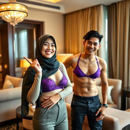 A Chinese woman wearing a beautiful hijab and a stylish purple bra, confidently posing in a luxurious hotel room