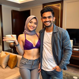 A Chinese woman wearing a beautiful hijab and a stylish purple bra, confidently posing in a luxurious hotel room