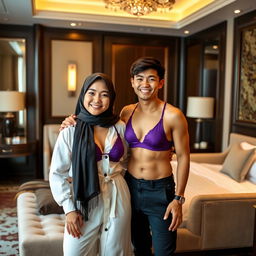 A Chinese woman wearing a beautiful hijab and a stylish purple bra, confidently posing in a luxurious hotel room