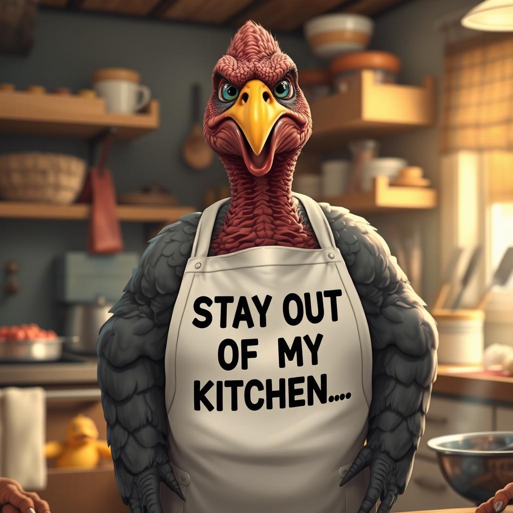 A hyper-realistic illustration of a very grumpy mother depicted as a turkey, standing in a kitchen