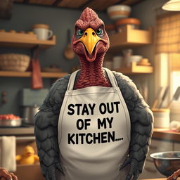 A hyper-realistic illustration of a very grumpy mother depicted as a turkey, standing in a kitchen