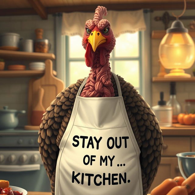 A hyper-realistic illustration of a very grumpy mother depicted as a turkey, standing in a kitchen