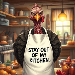 A hyper-realistic illustration of a very grumpy mother depicted as a turkey, standing in a kitchen