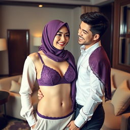 A Chinese woman wearing a beautifully styled hijab, with a purple bra and matching purple underwear