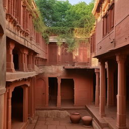 An ancient Indian house featuring a traditional courtyard (Aangan), made of rustic materials and adorned with cultural artifacts.