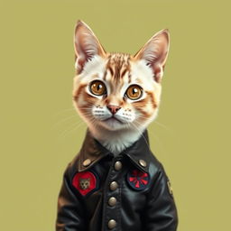 A unique and humorous depiction of a cat styled as a skinhead, featuring a close-up of the cat's face with a shaved head and expressive eyes