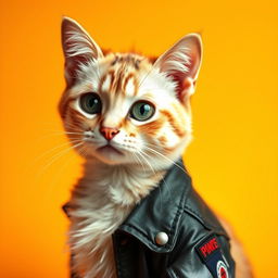 A unique and humorous depiction of a cat styled as a skinhead, featuring a close-up of the cat's face with a shaved head and expressive eyes