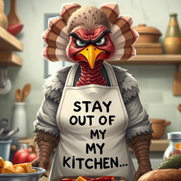 A hyper-realistic illustration of an annoyed mother resembling a turkey, complete with feathers and a frown