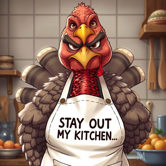 A hyper-realistic illustration of an annoyed mother resembling a turkey, complete with feathers and a frown