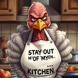 A hyper-realistic illustration of an annoyed mother resembling a turkey, complete with feathers and a frown