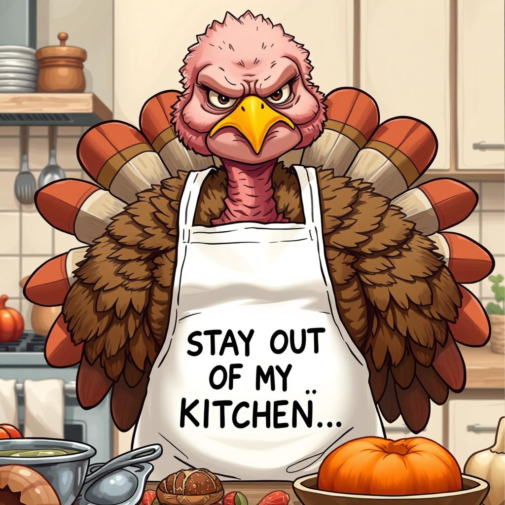 A hyper-realistic illustration of an annoyed mother resembling a turkey, complete with feathers and a frown