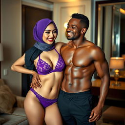 A Chinese woman wearing a stylish hijab paired with a striking purple bra and matching purple underwear, confidently posing in a luxurious hotel room