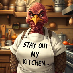A hyper-realistic illustration of a very grumpy mother resembling a turkey, wearing a full white apron that has the words 'STAY OUT OF MY KITCHEN