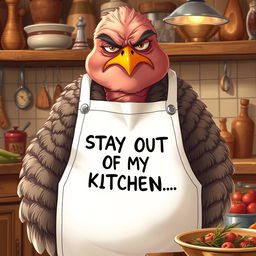 A hyper-realistic illustration of a very grumpy mother resembling a turkey, wearing a full white apron that has the words 'STAY OUT OF MY KITCHEN