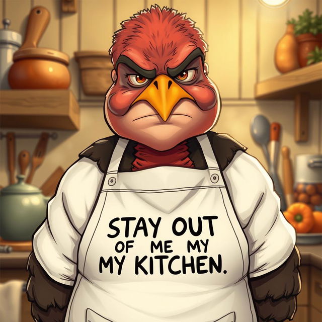 A hyper-realistic illustration of a very grumpy mother resembling a turkey, wearing a full white apron that has the words 'STAY OUT OF MY KITCHEN