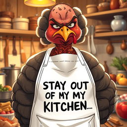 A hyper-realistic illustration of a very grumpy mother resembling a turkey, wearing a full white apron that has the words 'STAY OUT OF MY KITCHEN