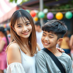 A beautiful 24-year-old woman with fair skin, straight hair, and almond-shaped eyes, standing confidently next to her younger brother who is 20 years old