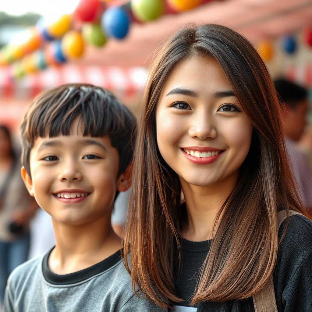 A beautiful 24-year-old woman with fair skin, straight hair, and almond-shaped eyes, standing confidently next to her younger brother who is 20 years old