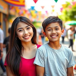 A beautiful 24-year-old woman with fair skin, straight hair, and almond-shaped eyes, standing confidently next to her younger brother who is 20 years old
