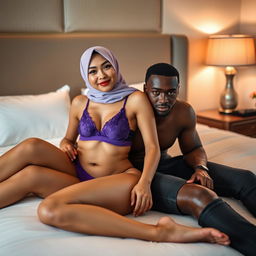 A Chinese woman wearing a stylish hijab, complemented by a purple bra and matching purple underwear, is elegantly posed on a plush bed in a chic hotel room