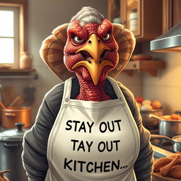 A hyper-realistic illustration of a very grumpy mother with features resembling a turkey