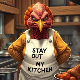 A hyper-realistic illustration of a very grumpy mother with features resembling a turkey