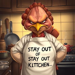 A hyper-realistic illustration of a very grumpy mother with features resembling a turkey