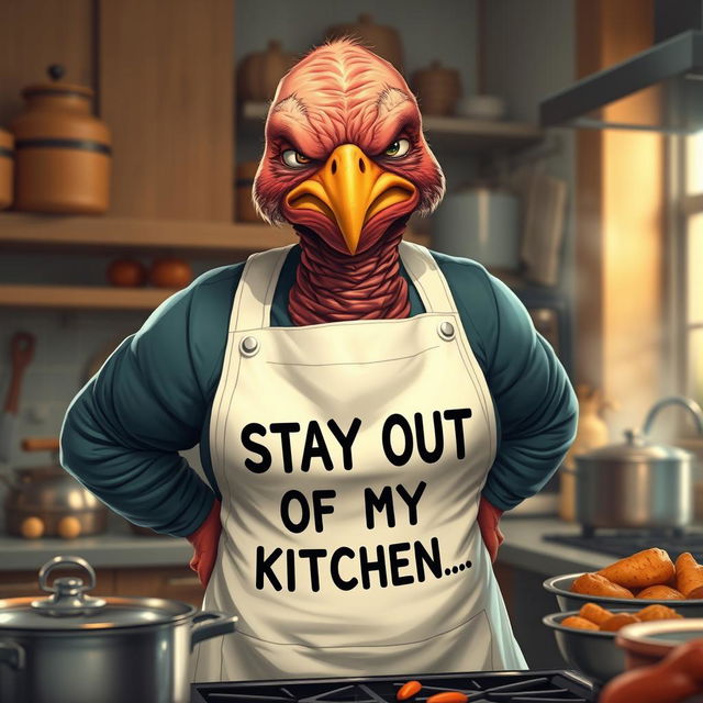 A hyper-realistic illustration of a very grumpy mother with features resembling a turkey