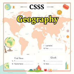 Design a geography cover page for a school project, featuring an elegant layout that includes sections for the student's first name, last name, grade, and the teacher's name