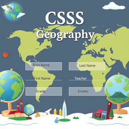 Design a geography cover page for a school project, featuring an elegant layout that includes sections for the student's first name, last name, grade, and the teacher's name