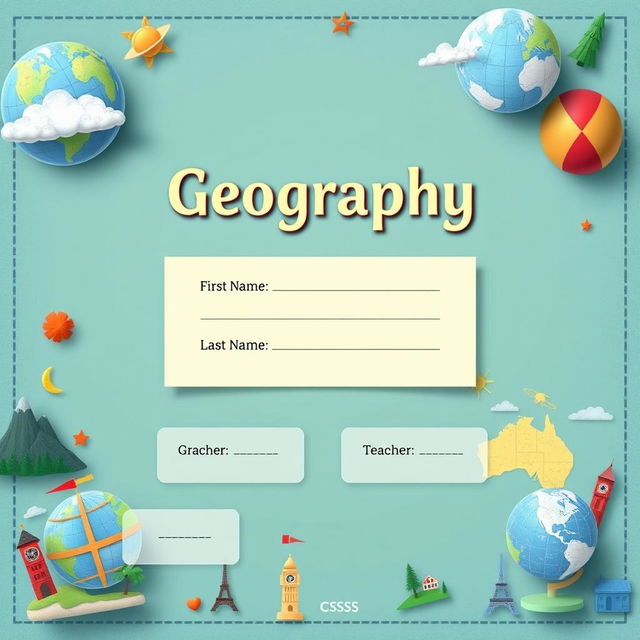 Design a geography cover page for a school project, featuring an elegant layout that includes sections for the student's first name, last name, grade, and the teacher's name