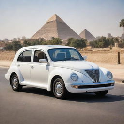 An innovative Egyptian car exhibiting modern design, advanced technology, and echoing elements of ancient Egypt in its aesthetics