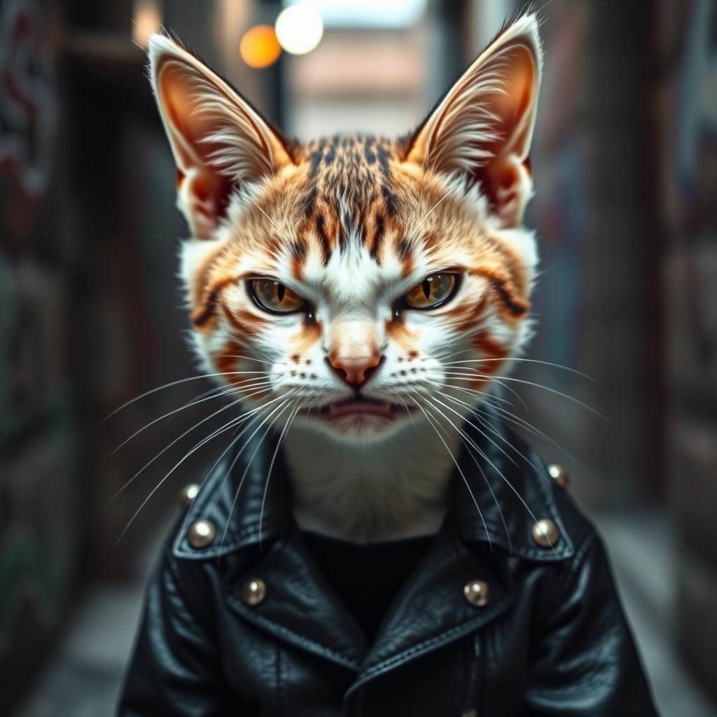 A fierce-looking skinhead cat with an attitude, featuring a close-up of its menacing expression