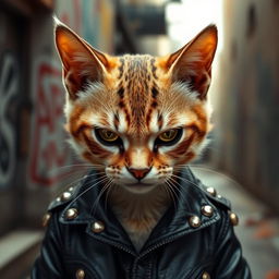 A fierce-looking skinhead cat with an attitude, featuring a close-up of its menacing expression