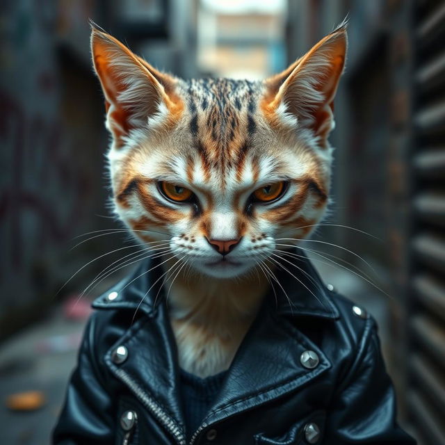 A fierce-looking skinhead cat with an attitude, featuring a close-up of its menacing expression