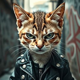 A fierce-looking skinhead cat with an attitude, featuring a close-up of its menacing expression