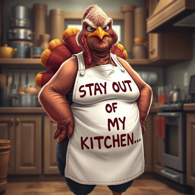 A hyper-realistic illustration of a very grumpy mother who resembles a turkey, standing in a kitchen that exudes a warm atmosphere