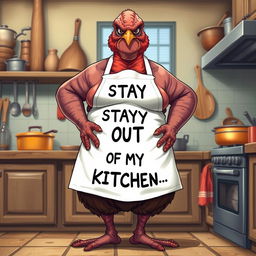 A hyper-realistic illustration of a very grumpy mother who resembles a turkey, standing in a kitchen that exudes a warm atmosphere
