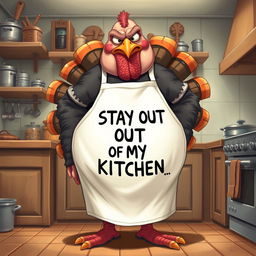 A hyper-realistic illustration of a very grumpy mother who resembles a turkey, standing in a kitchen that exudes a warm atmosphere