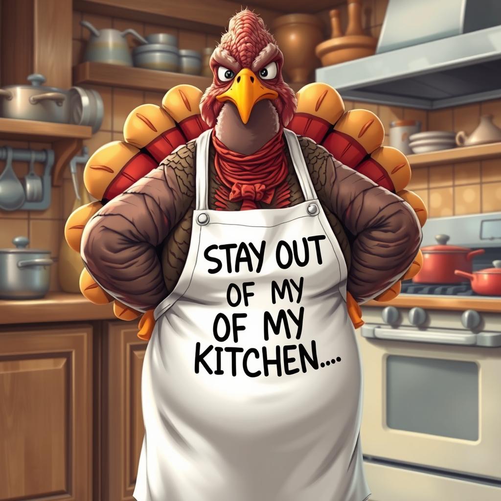 A hyper-realistic illustration of a very grumpy mother who resembles a turkey, standing in a kitchen that exudes a warm atmosphere