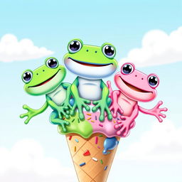 Three cheerful cartoon frogs sitting playfully on a colorful ice cream cone, each frog a different vibrant color (one green, one blue, and one pink), with big smiles and bulging eyes
