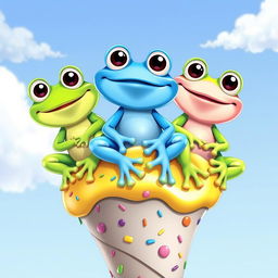 Three cheerful cartoon frogs sitting playfully on a colorful ice cream cone, each frog a different vibrant color (one green, one blue, and one pink), with big smiles and bulging eyes