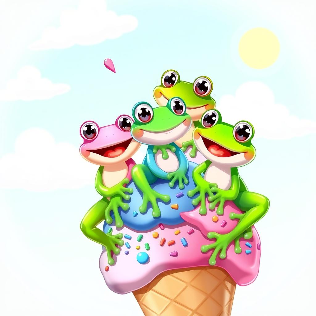 Three cheerful cartoon frogs sitting playfully on a colorful ice cream cone, each frog a different vibrant color (one green, one blue, and one pink), with big smiles and bulging eyes