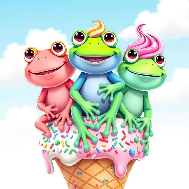 Three cheerful cartoon frogs sitting playfully on a colorful ice cream cone, each frog a different vibrant color (one green, one blue, and one pink), with big smiles and bulging eyes