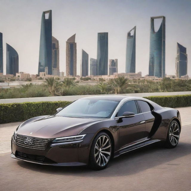 A Saudi luxury car showcasing sophistication, cutting-edge technology, and design elements echoing the country's rich heritage